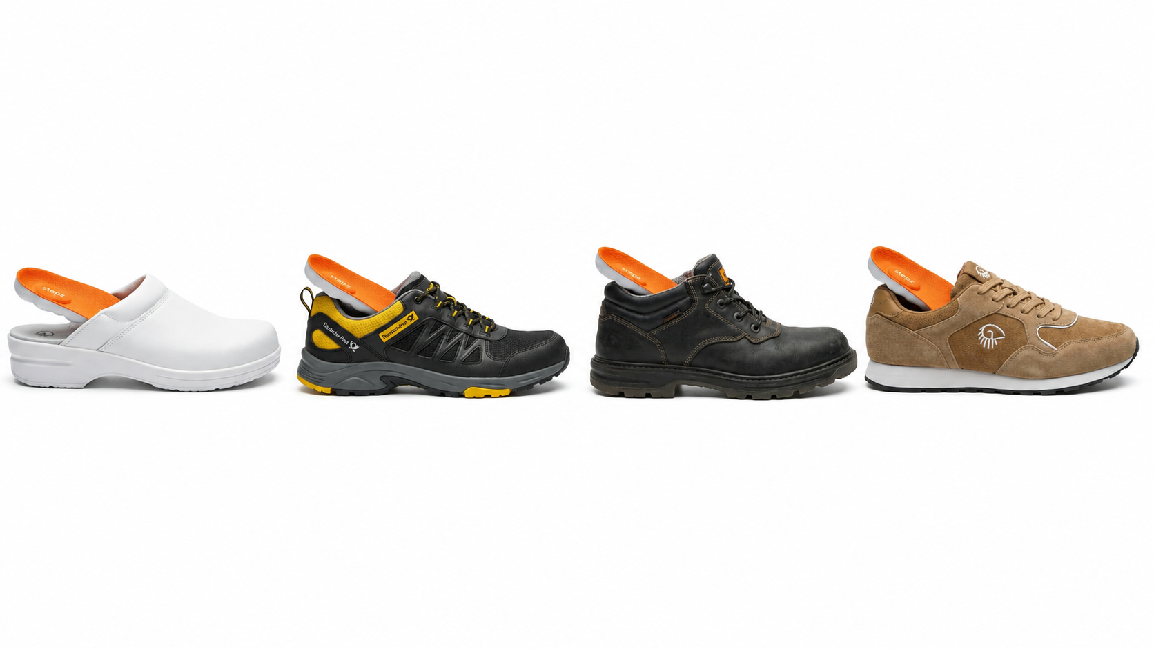 Verschiedene Schuhe – vom Clog bis zum Sneaker – jeweils mit einer stepz Sohle bestückt