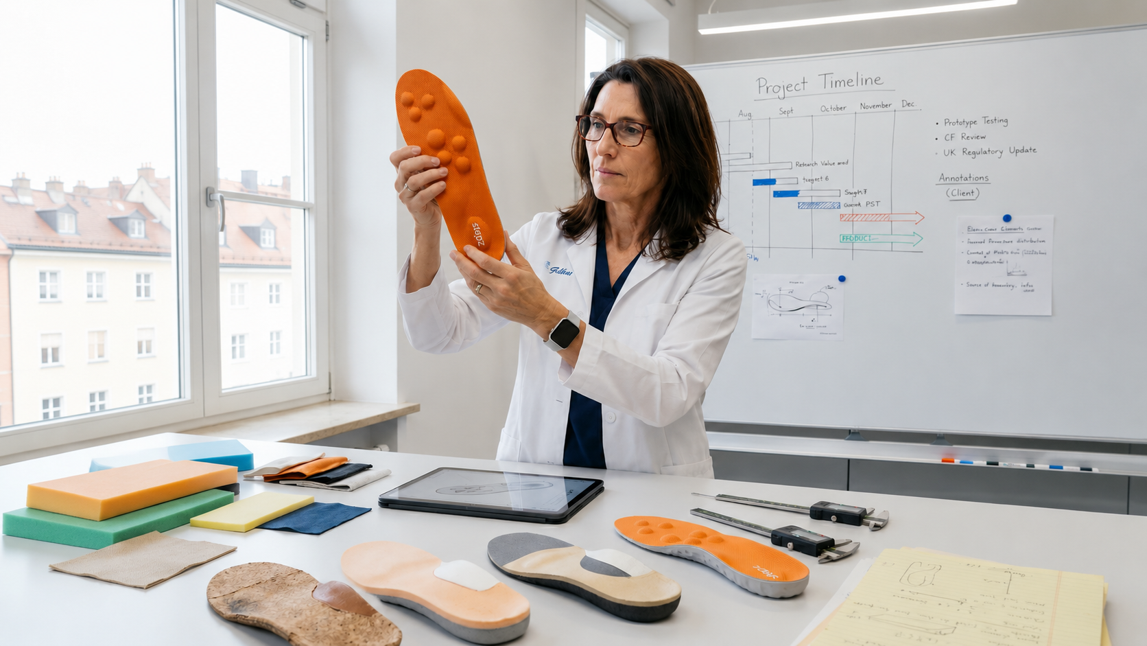 Orthopädin begutachtet eine stepz Entlastungssohle in ihrer Praxis